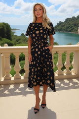Black And Stone Polka Dot Puff Sleeve Tie Waist Midi Dress