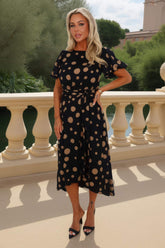 Black And Stone Polka Dot Puff Sleeve Tie Waist Midi Dress
