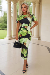 Black And Green Floral Print Puff Sleeve Midi Dress