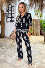Black Border Print Wide Leg Trousers