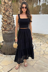Black Broderie Tiered Midi Skirt