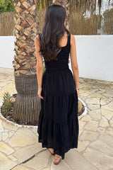 Black Broderie Tiered Midi Skirt