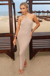 Biscuit Knitted Halter Neck Shell Detail Midi Dress