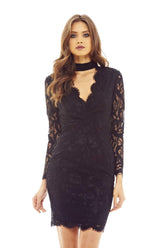 Black Bodycon Dress with Lace Choker Detail