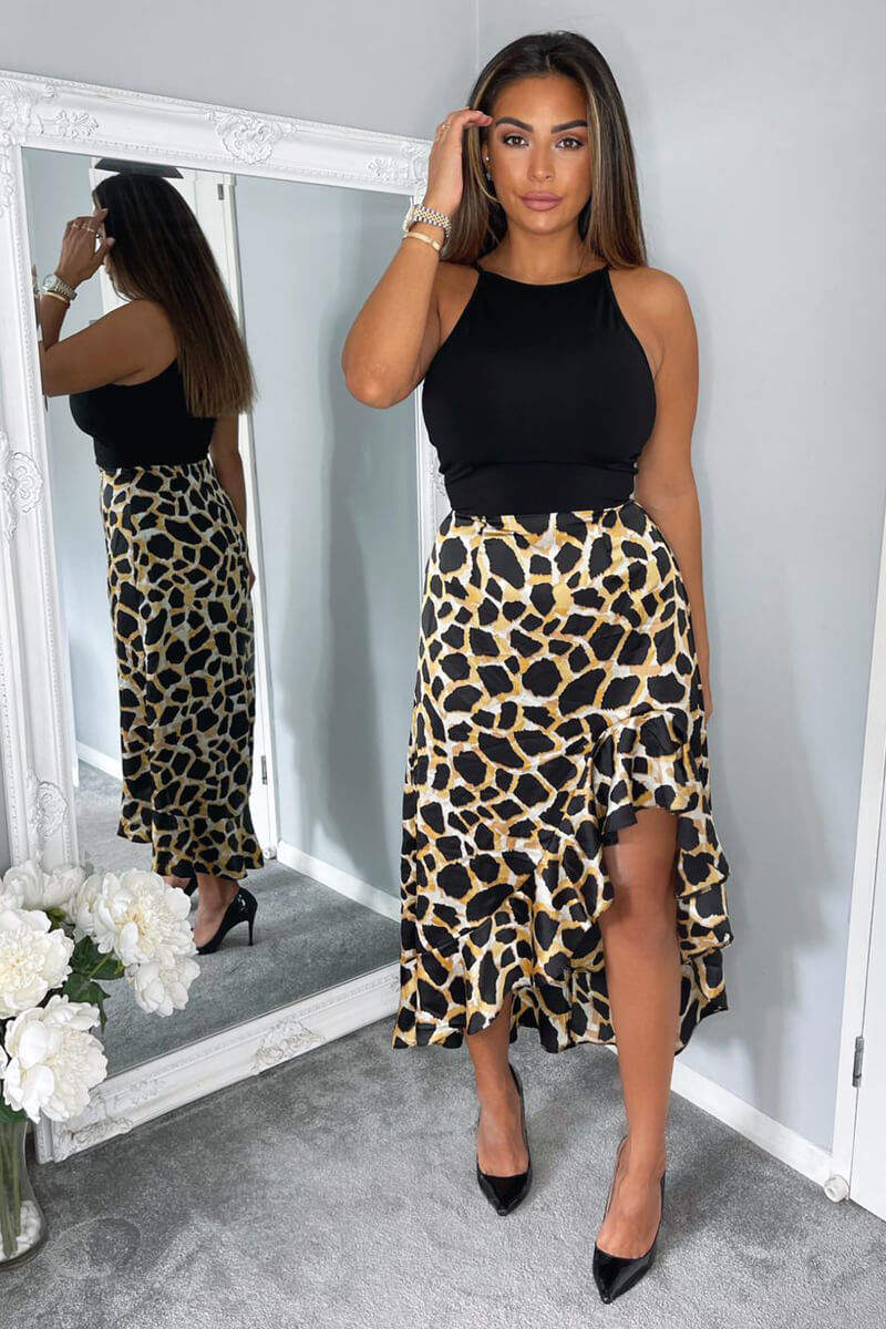 Black Animal Print 2 in 1 Dipped Hem Midi Dress