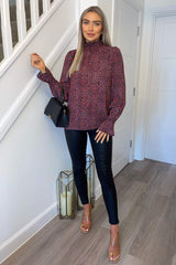 Black and Red Floral Print High Neck Elasticated Top