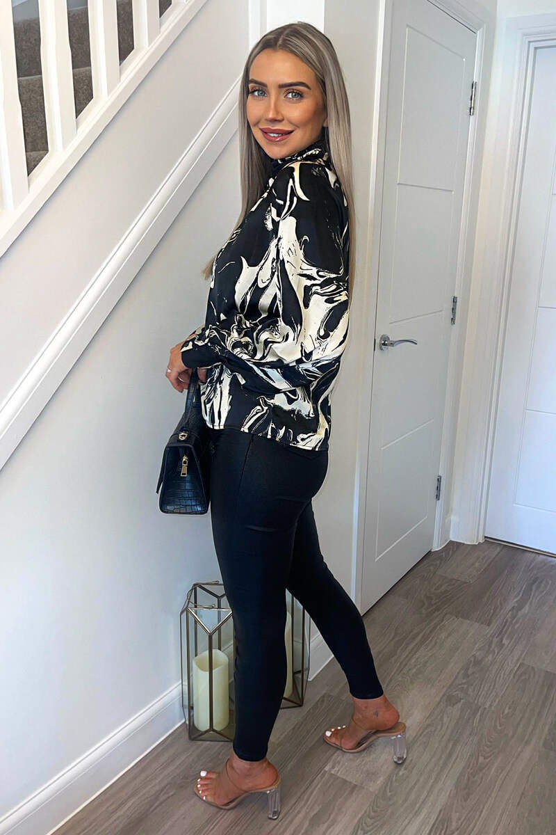 Black And Cream Marble Print Long Sleeve Top