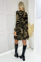 Black and Khaki Printed Long Sleeve Skater Dress