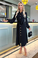 Black Button Front Tie Midi Shirt Dress