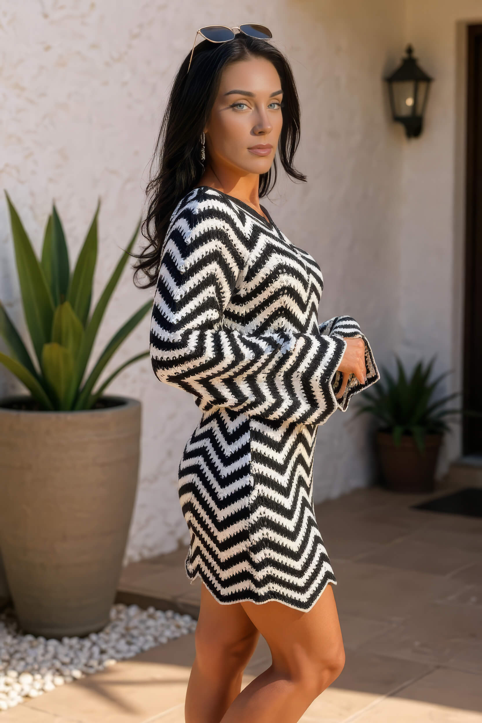 Black And White Zig Zag Long Sleeve Crochet Mini Dress