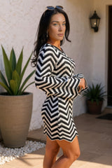 Black And White Zig Zag Long Sleeve Crochet Mini Dress