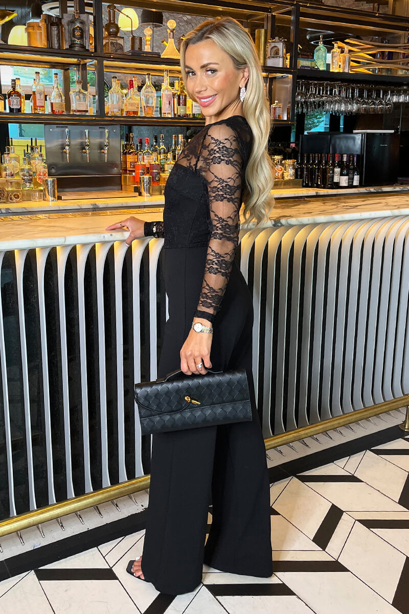 Black 2 in 1 Lace Top Long Sleeve Jumpsuit