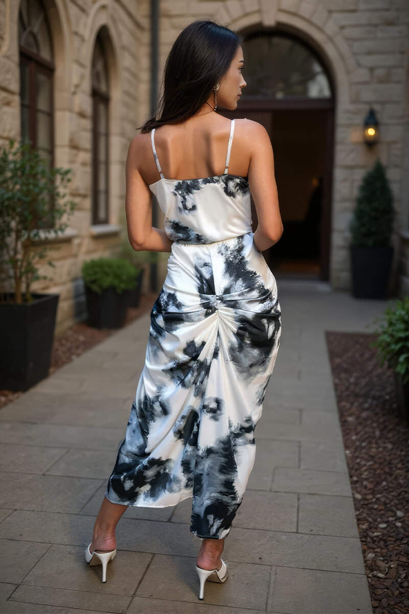 Black And White Marble Print Strappy Wrap Top Knot Skirt Midi Dress