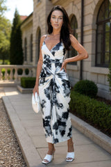 Black And White Marble Print Strappy Wrap Top Knot Skirt Midi Dress