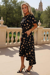 Black And Stone Polka Dot Puff Sleeve Tie Waist Midi Dress