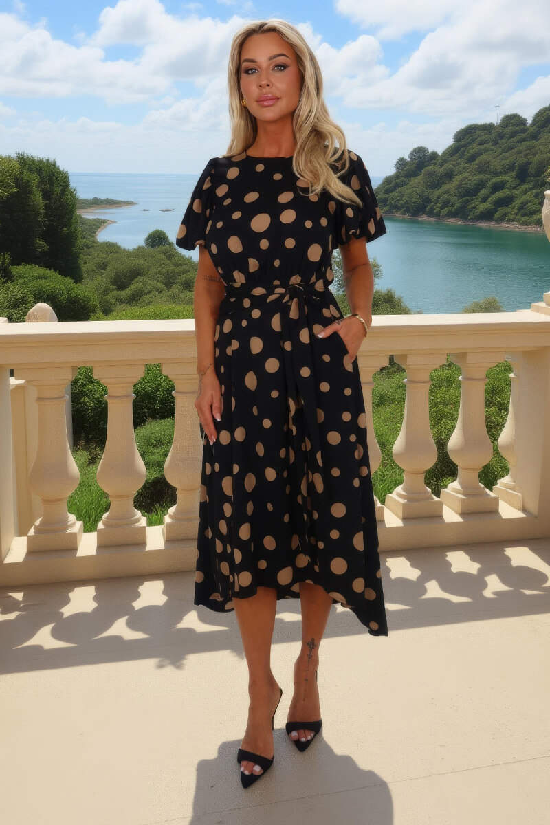 Black And Stone Polka Dot Puff Sleeve Tie Waist Midi Dress