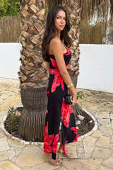 Black And Coral Red Floral Print Strappy Slip Midi Dress
