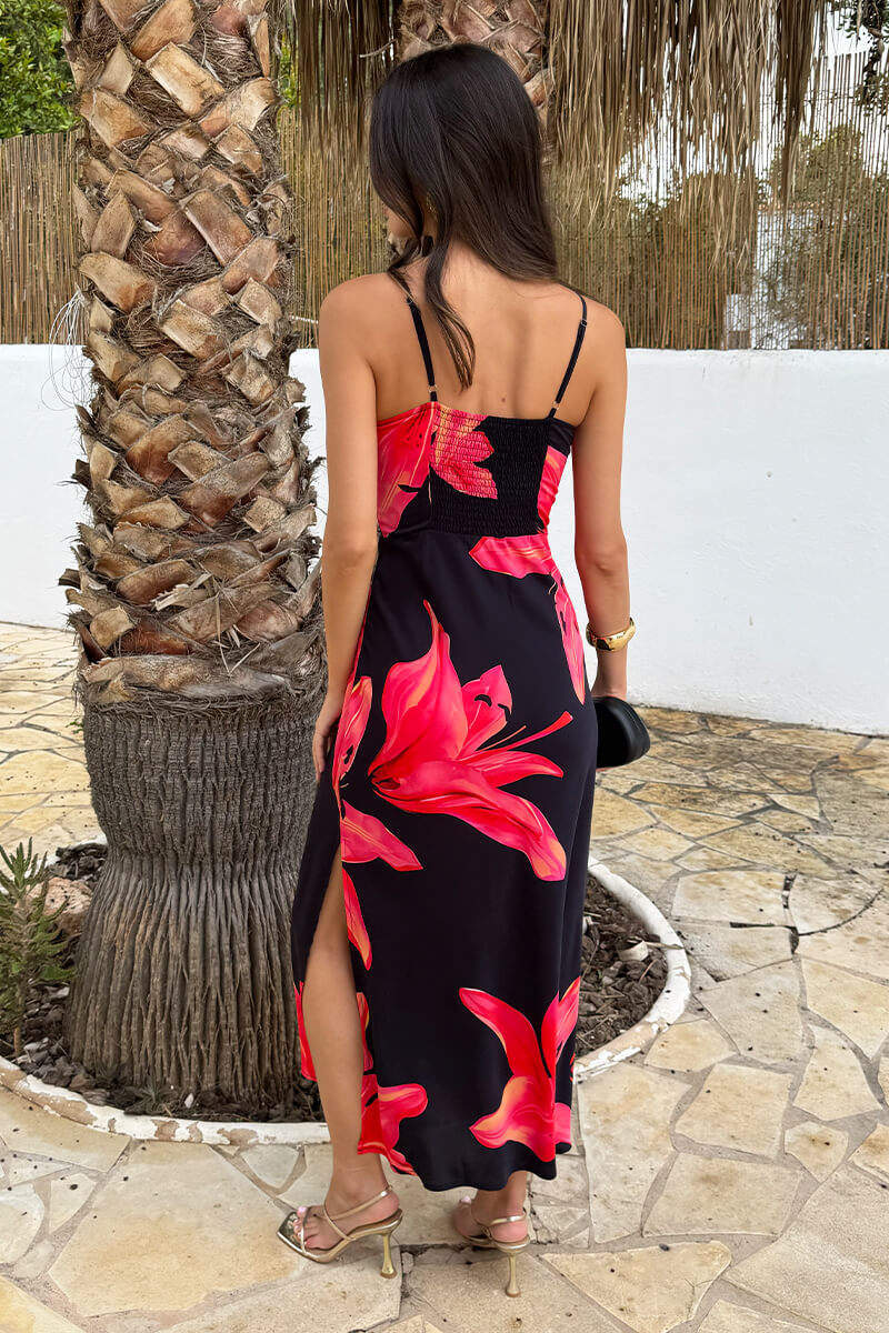 Black And Coral Red Floral Print Strappy Slip Midi Dress