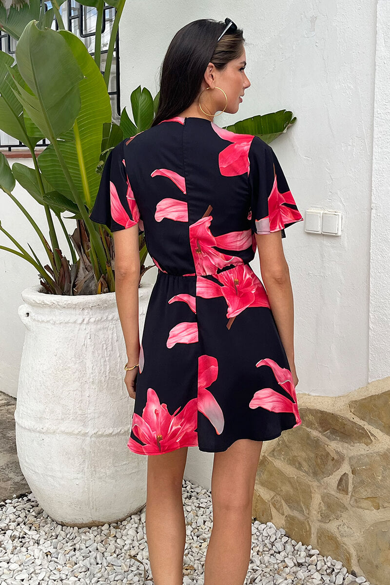 Black And Cerise Floral Print Wrap Top Skater Mini Dress