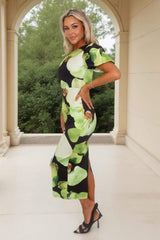 Black And Green Floral Print Puff Sleeve Midi Dress