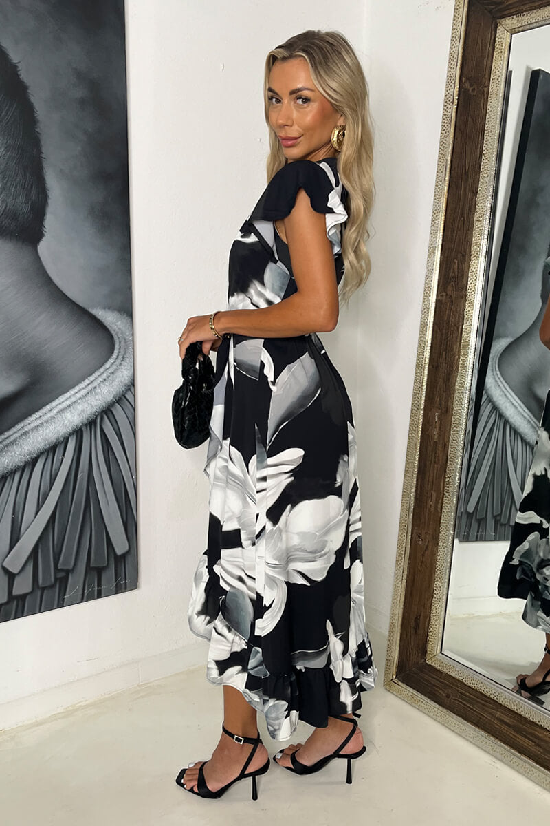 Black Bold Floral Print Frill Hem Wrap Midi Dress