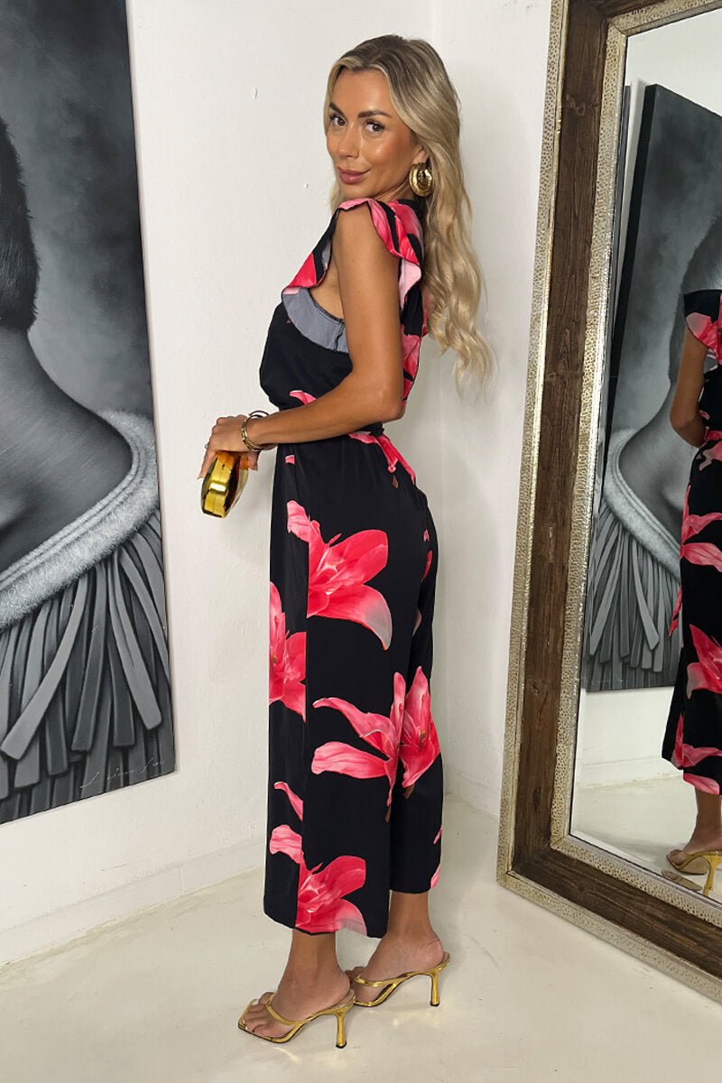 Black And Cerise Floral Print Wrap Top Belted Jumpsuit