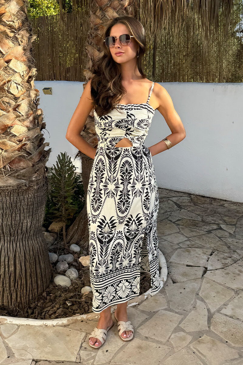 Black And White Border Print Strappy Cut Out Midi Dress