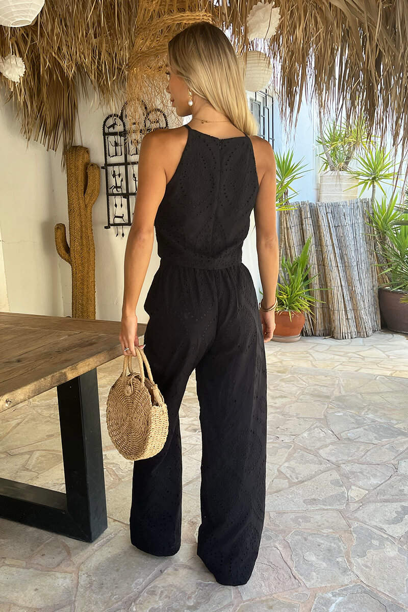 Black Broderie Wide Leg Trousers