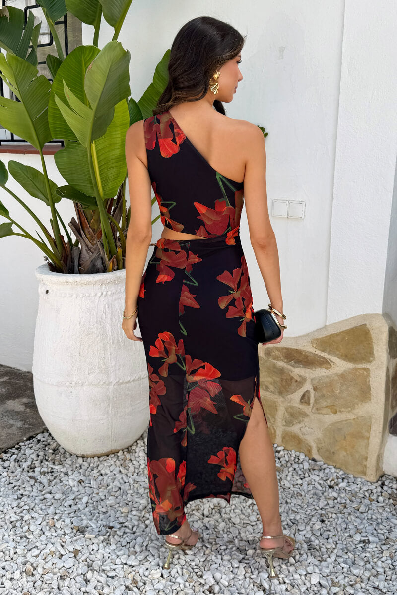 Black And Orange Floral Print One Shoulder Cut Out Mesh Midi Dress