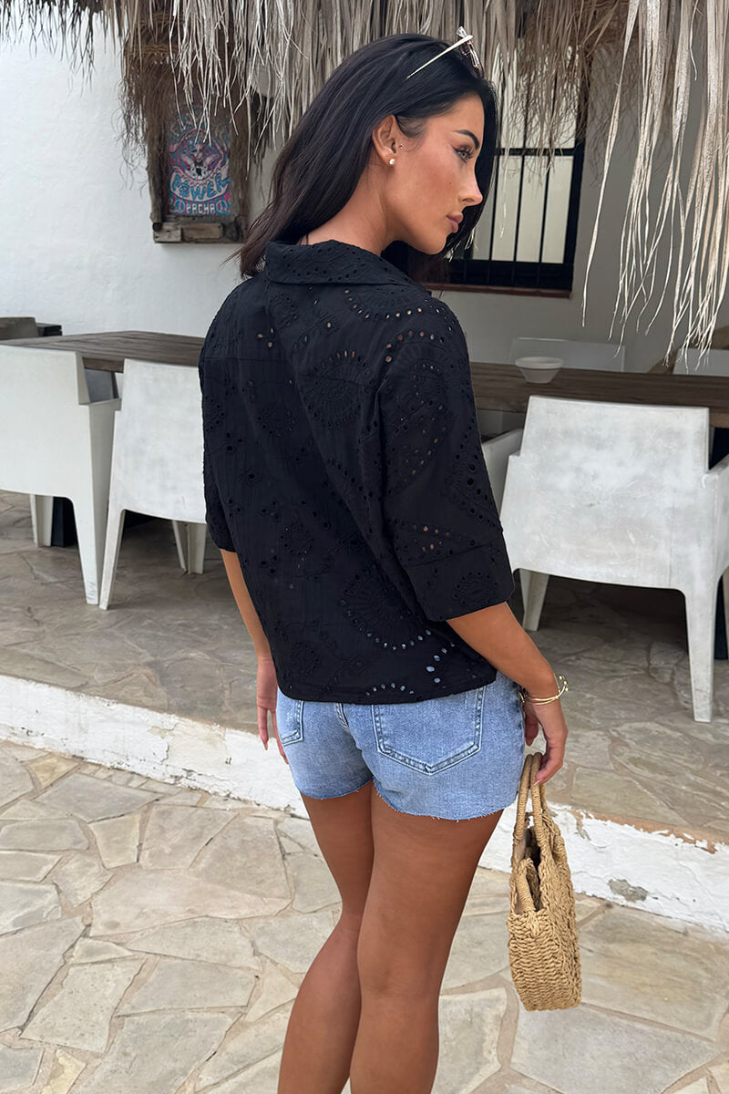 Black Broderie Short Sleeve Boxy Shirt