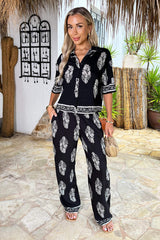 Black Border Print Wide Leg Trousers