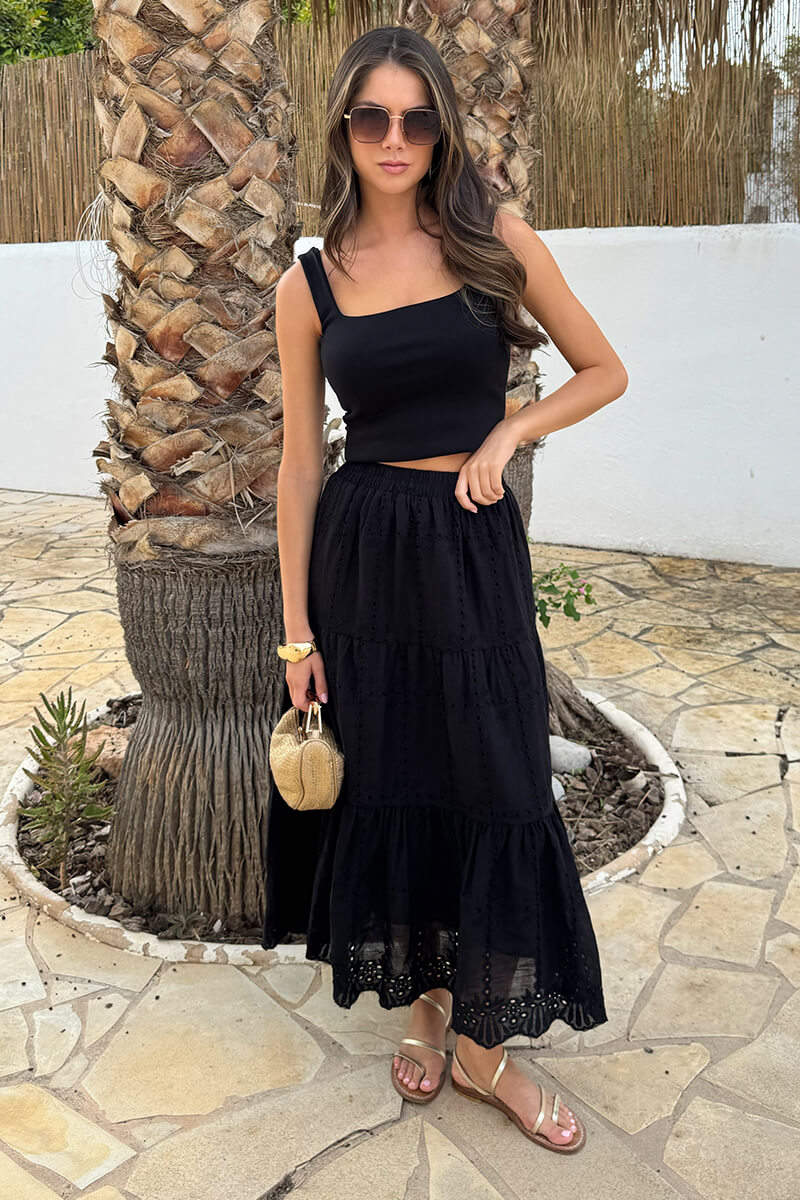 Black Broderie Tiered Midi Skirt