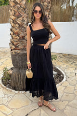 Black Broderie Tiered Midi Skirt