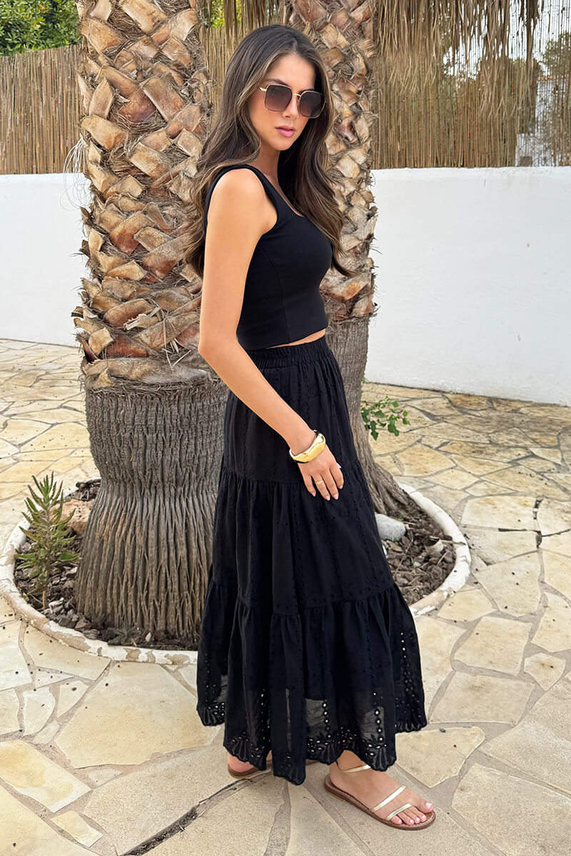 Black Broderie Tiered Midi Skirt