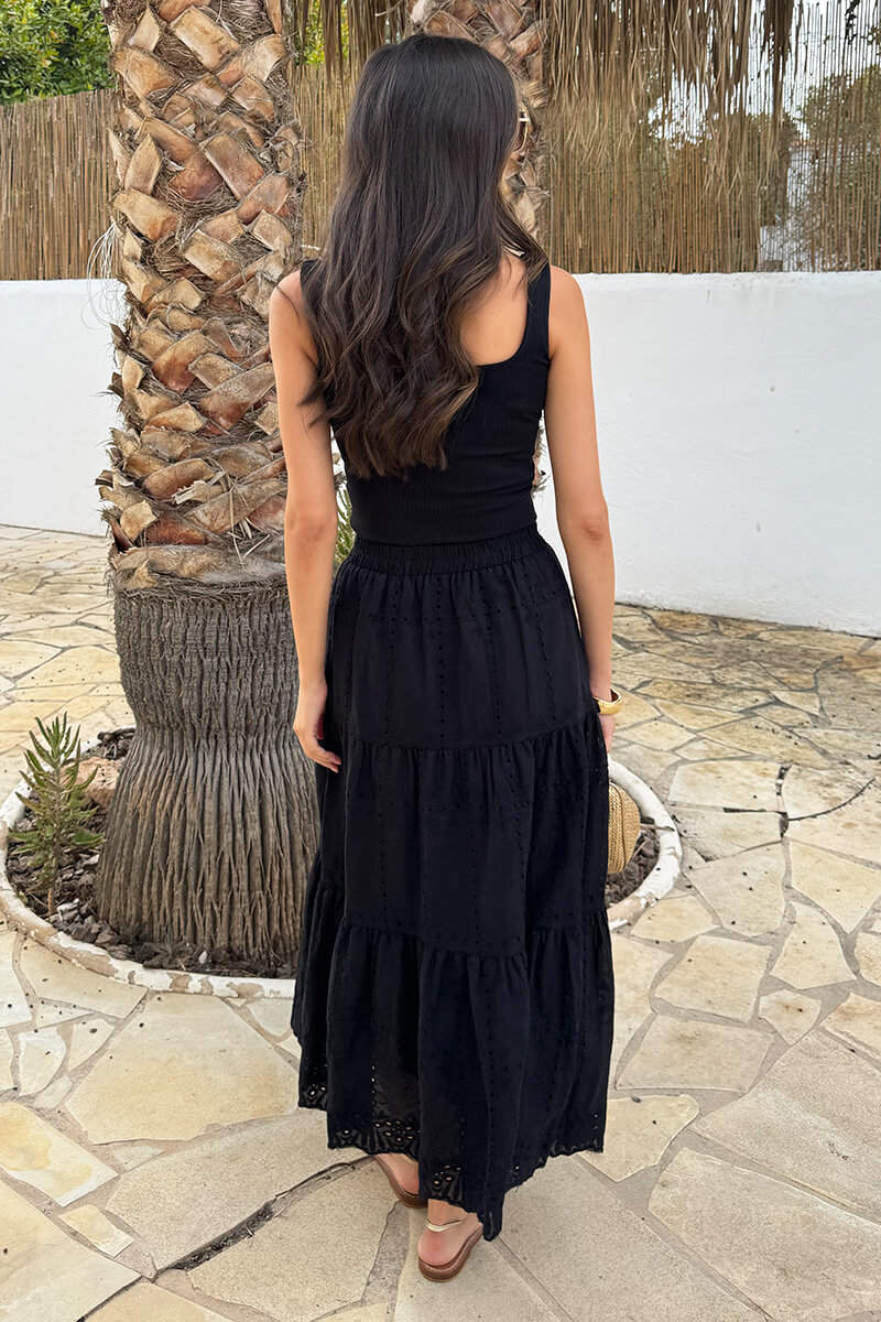 Black Broderie Tiered Midi Skirt