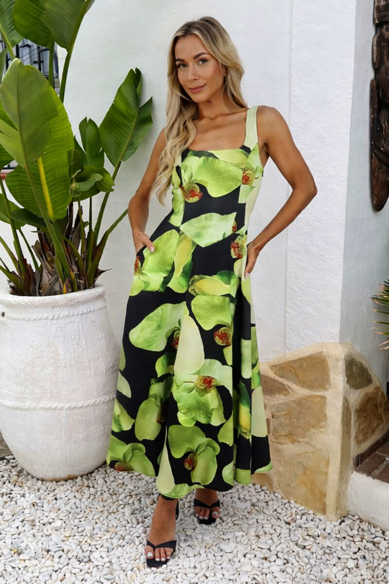 Black And Green Floral Print Square Neck A-line Midi Dress