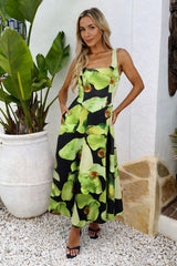 Black And Green Floral Print Square Neck A-line Midi Dress