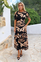 Black Abstract Print Puff Sleeve Smock Midi Dress