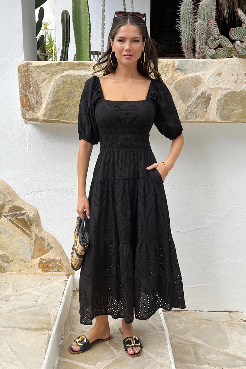 Black Broderie Puff Sleeve Smock Midi Dress