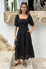Black Broderie Puff Sleeve Smock Midi Dress