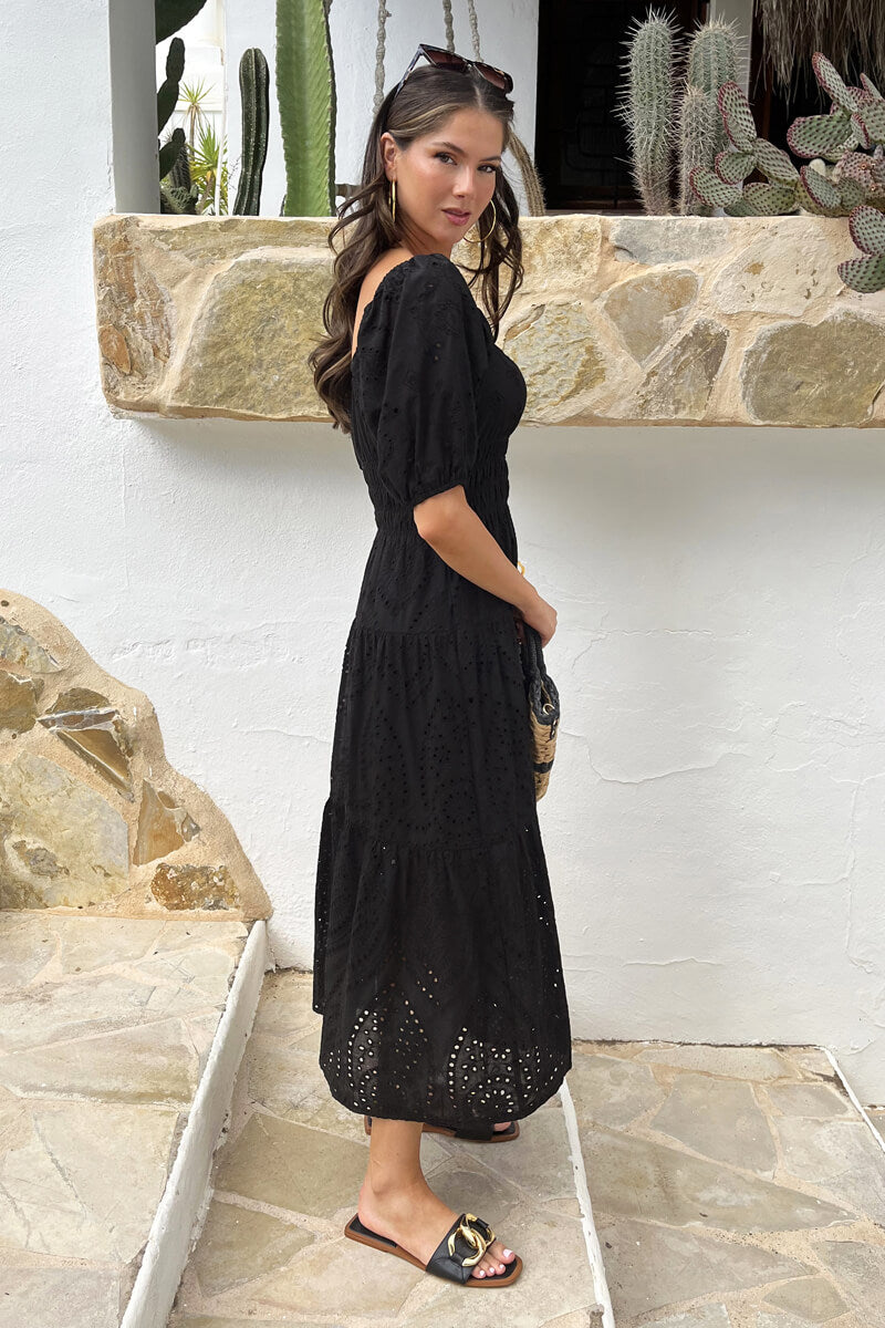 Black Broderie Puff Sleeve Smock Midi Dress