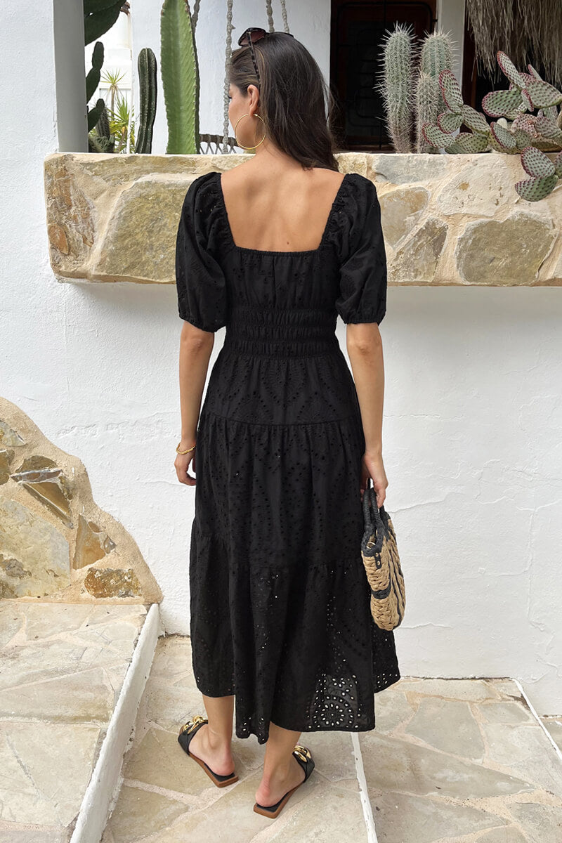 Black Broderie Puff Sleeve Smock Midi Dress