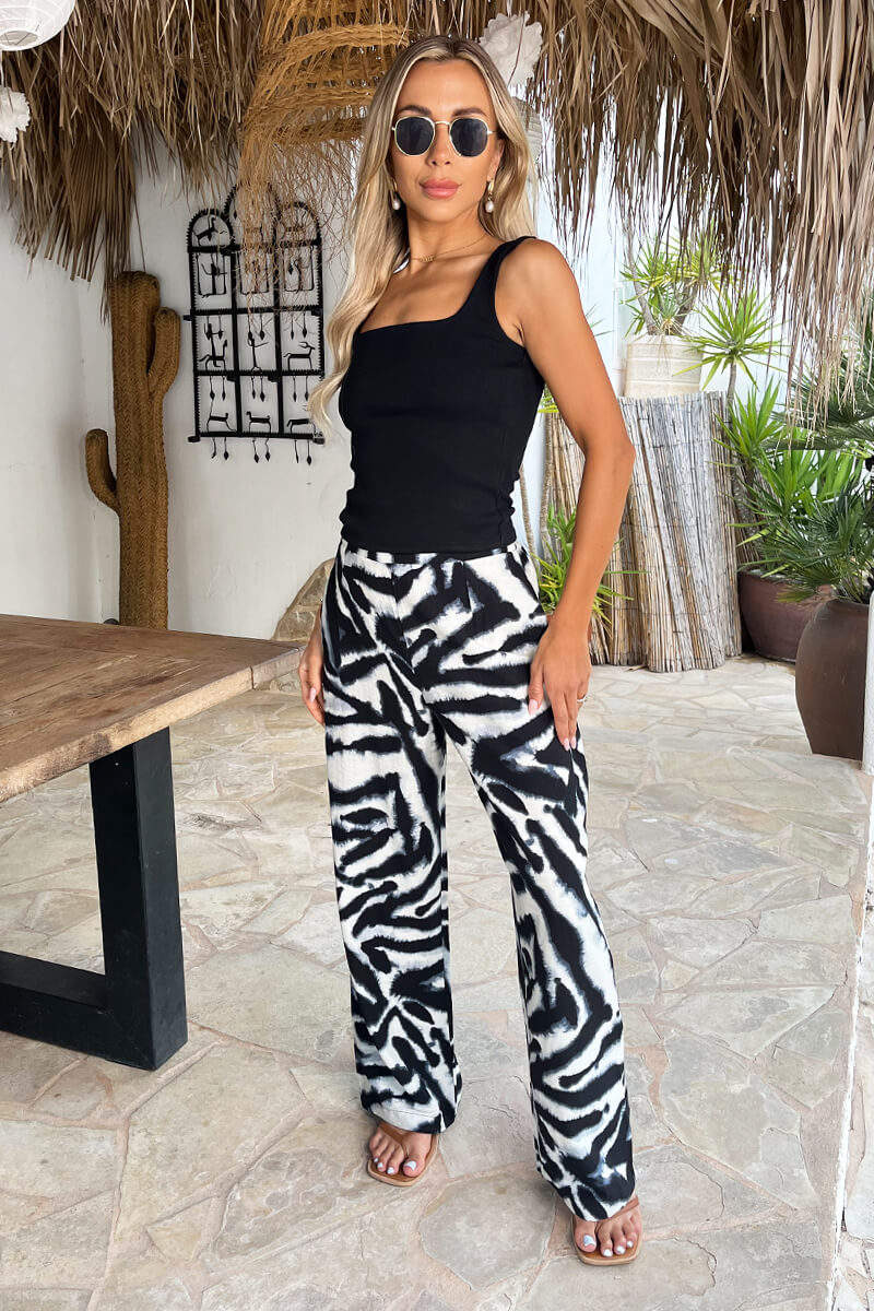 Black And White Animal Print Wide Leg Trousers