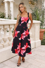 Black And Cerise Floral Print Square Neck A-line Midi Dress
