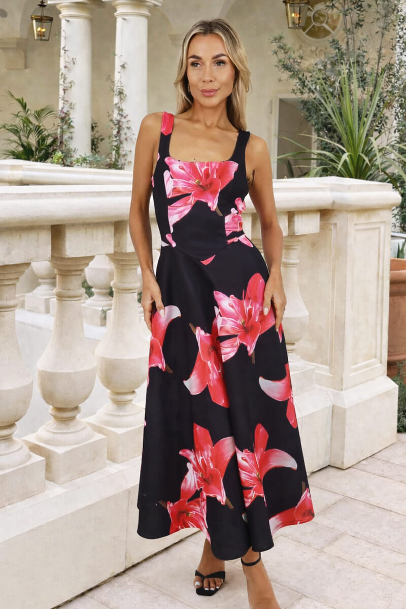 Black And Cerise Floral Print Square Neck A-line Midi Dress