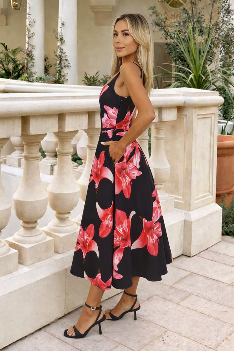 Black And Cerise Floral Print Square Neck A-line Midi Dress