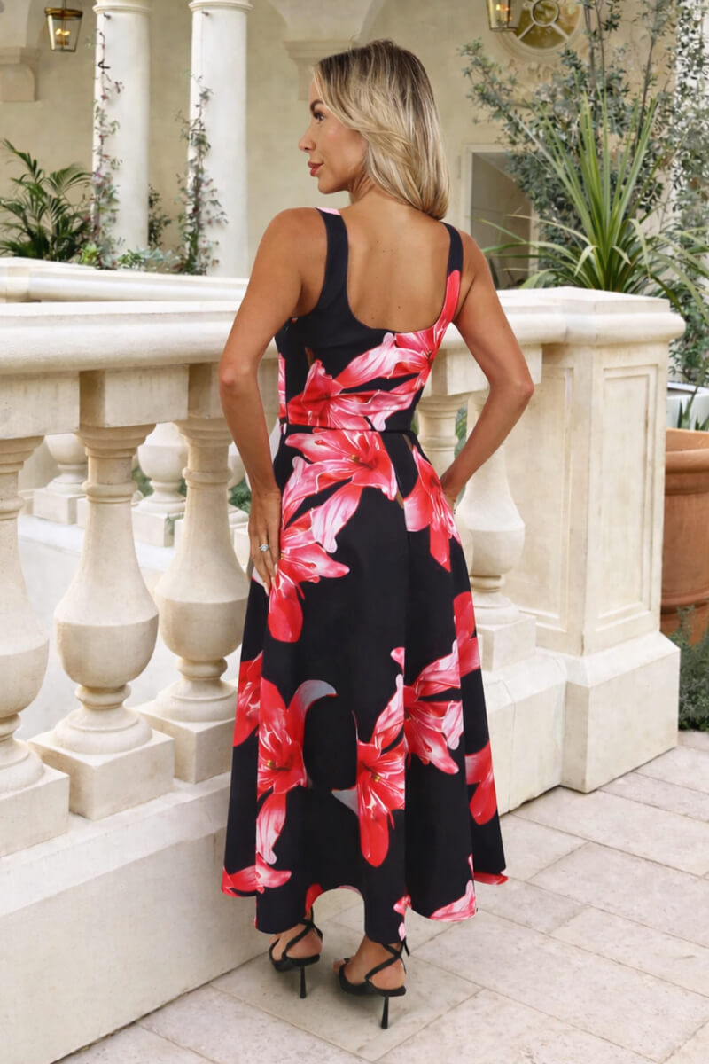Black And Cerise Floral Print Square Neck A-line Midi Dress