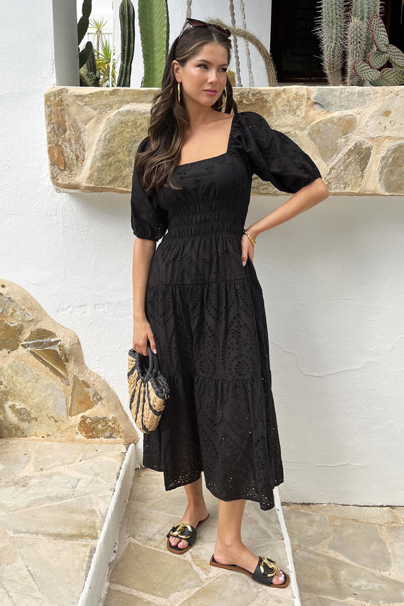 Black Broderie Puff Sleeve Smock Midi Dress