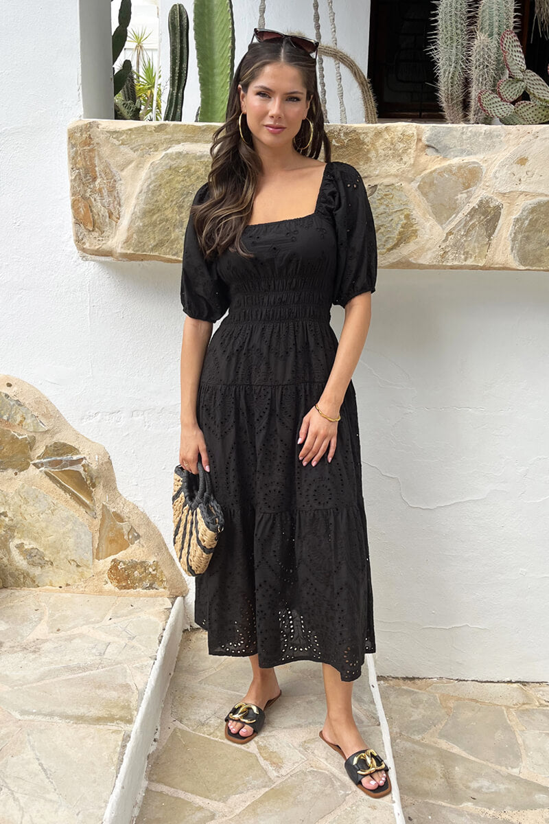 Black Broderie Puff Sleeve Smock Midi Dress