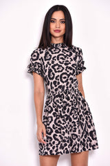 Animal Print Frill Detail Skater Dress